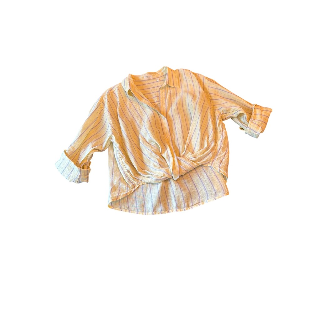 Little Moon Aritzia Shirt Yellow Striped Linen Front Twist Knot Cropped 126266